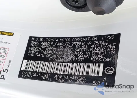 2024 Lexus Ux 250H F Sport Handling z USA, uszkodzony, nr VIN JTHR6JBH2R2191239